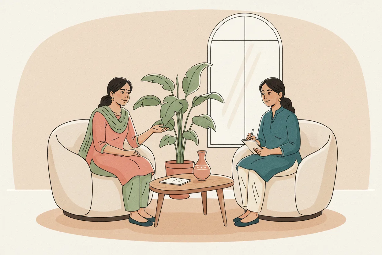 An Indian woman in a warm counselling conversation with a female therapist, who listens and takes notes in a calm, softly lit office