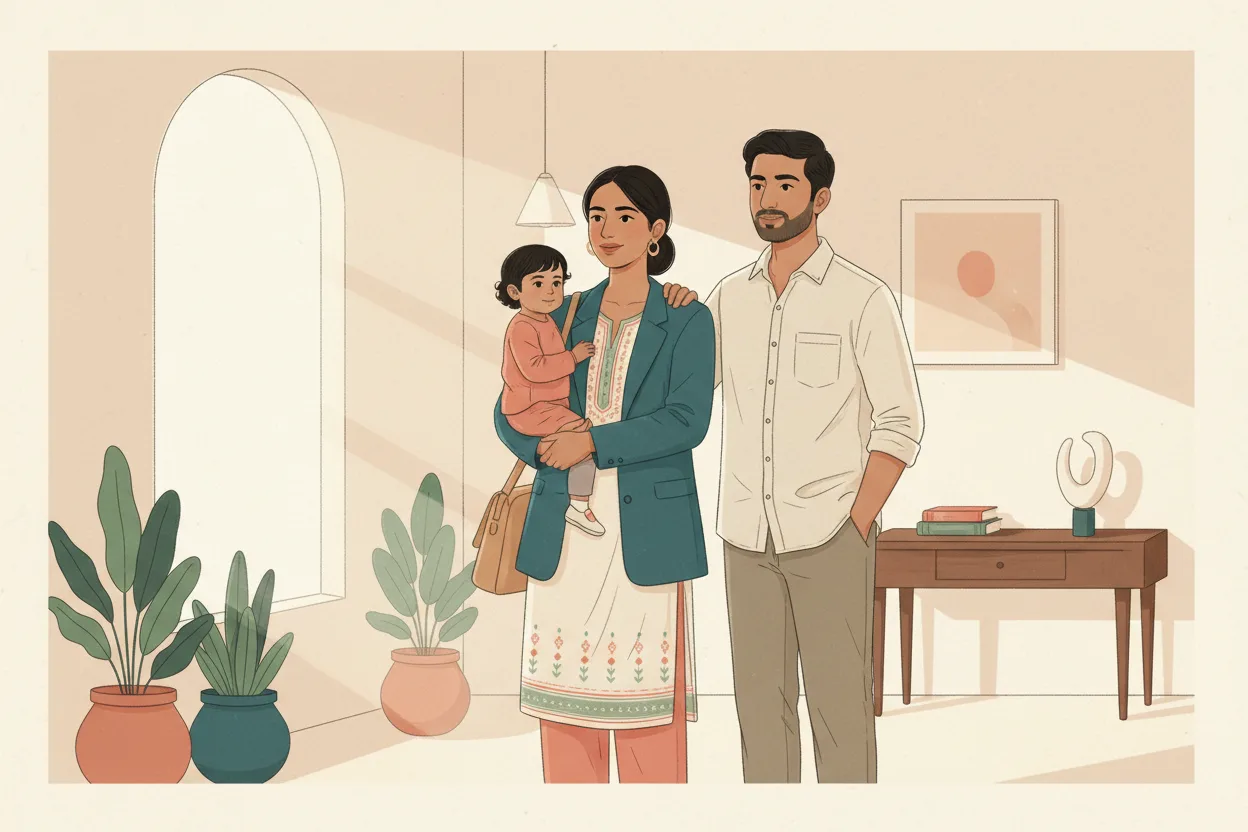 An Indian mother in a smart blazer holds her toddler while her partner stands supportively beside her in a bright home entryway, ready to leave for work