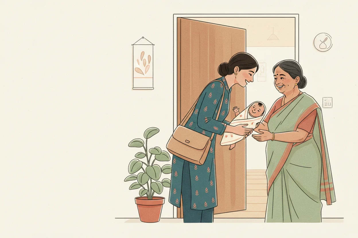 An Indian mother in office attire gently handing her baby to her smiling mother-in-law in a saree at the front door of a clean modern home