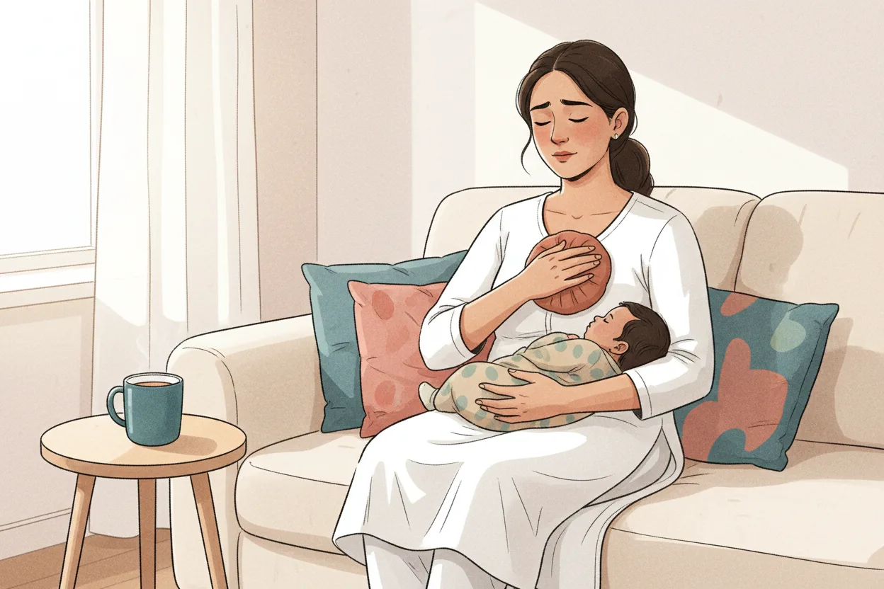 An Indian mother winces gently while holding a warm compress to her chest, cradling her sleeping baby on a sofa in a bright modern home