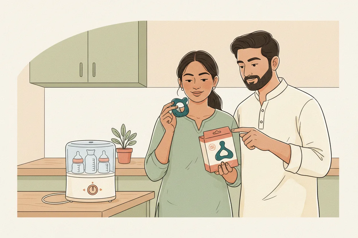An Indian mother and father in a modern kitchen inspecting a one-piece silicone teether and checking the ISI mark on its packaging, with an electric steam steriliser and bottles on the counter nearby