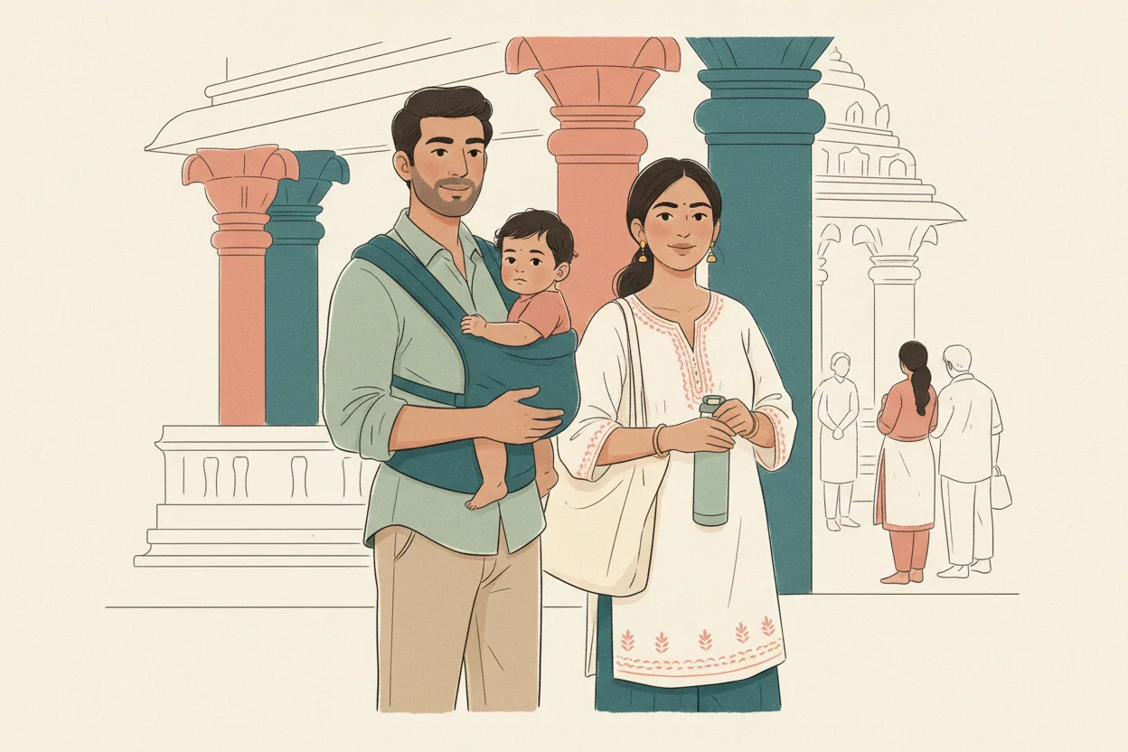 An Indian father carries his toddler in a soft baby carrier while his wife holds a water bottle, both waiting in a temple queue beside carved stone pillars