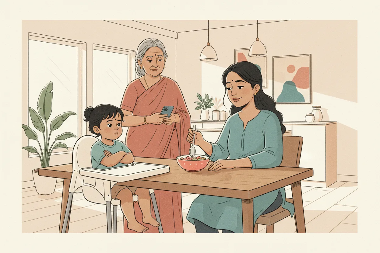 Illustration of an Indian toddler in a high chair with arms crossed refusing food, mother patiently offering a spoonful, and grandmother nearby holding a phone