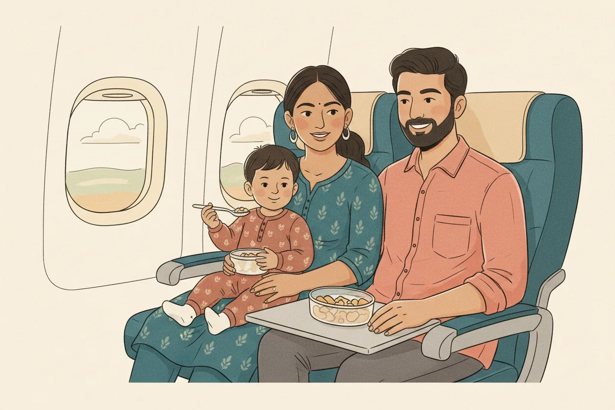 An Indian mother and father sit together on an airplane with their toddler between them, who is happily eating a snack from a small container on the fold-down tray table