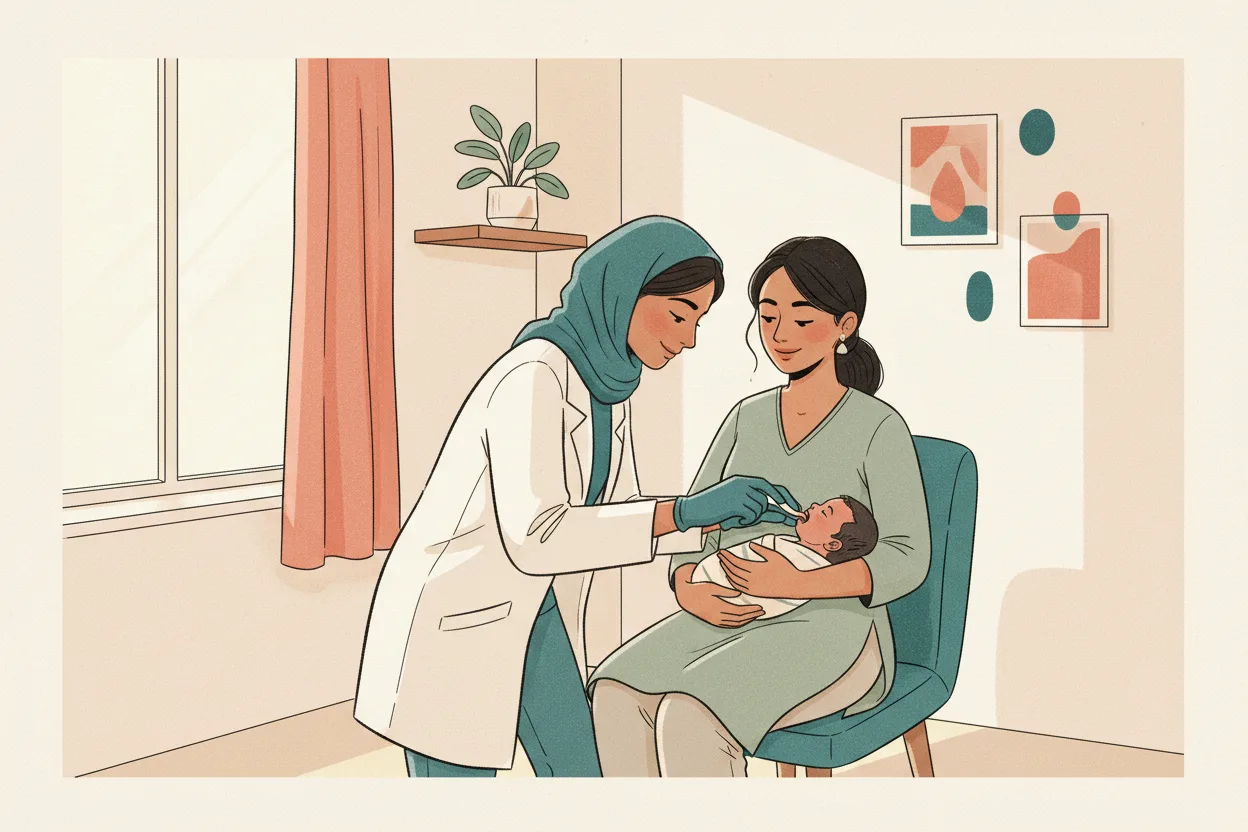 A pediatric dentist gently checks a newborn's open mouth while the Indian mother holds her baby close in a calm, modern clinic room
