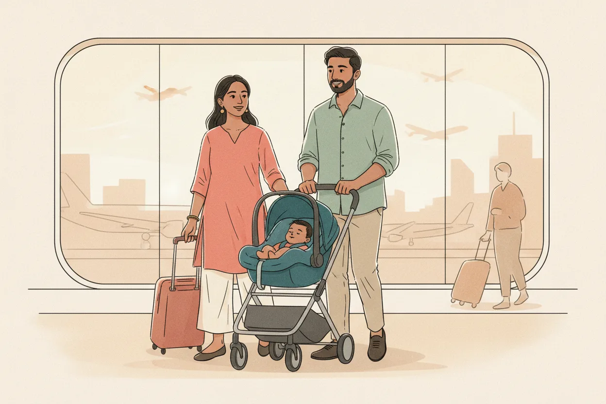Illustration of an Indian mother and father at an airport terminal, the father pushing a stroller with an infant car seat clicked onto its frame carrying a sleeping baby, the mother pulling a wheeled suitcase