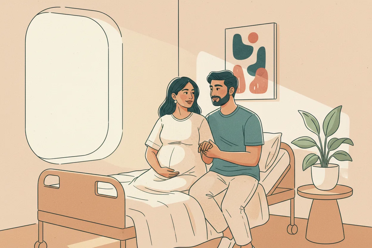 An Indian pregnant woman sitting calmly on a hospital bed in a clean, modern pre-operative room, her husband seated beside her holding her hand reassuringly