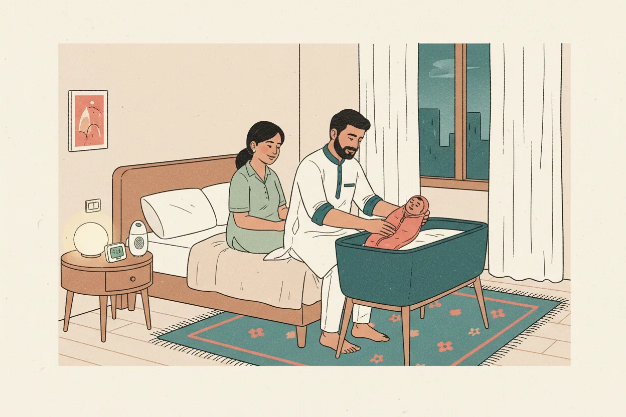 An Indian father gently settling his swaddled newborn into a bassinet beside the bed at night, with a dimmable night light, a digital room thermometer, and a small sound machine on the nightstand, while the mother watches nearby