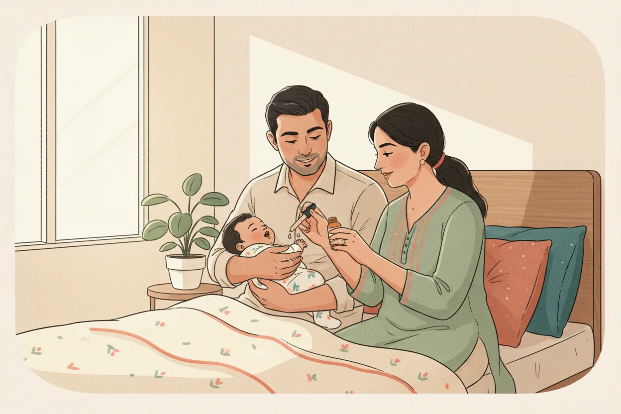 An Indian father holds the baby while the mother gives a drop of vitamin D supplement from a small dropper bottle, both parents attentive in a bright modern bedroom