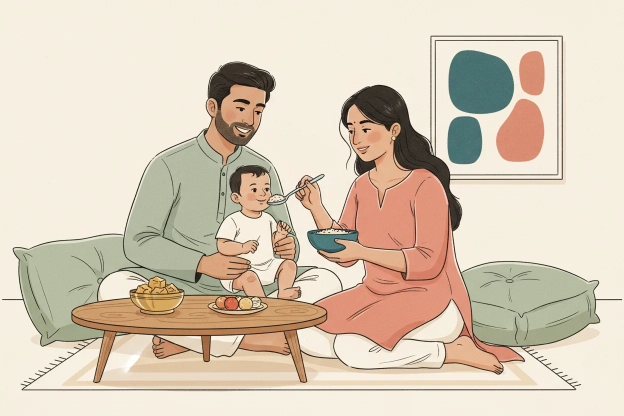 An illustrated Indian father and mother sit together feeding their baby plain rice, while a bowl of jaggery and traditional sweets sits set aside on the table