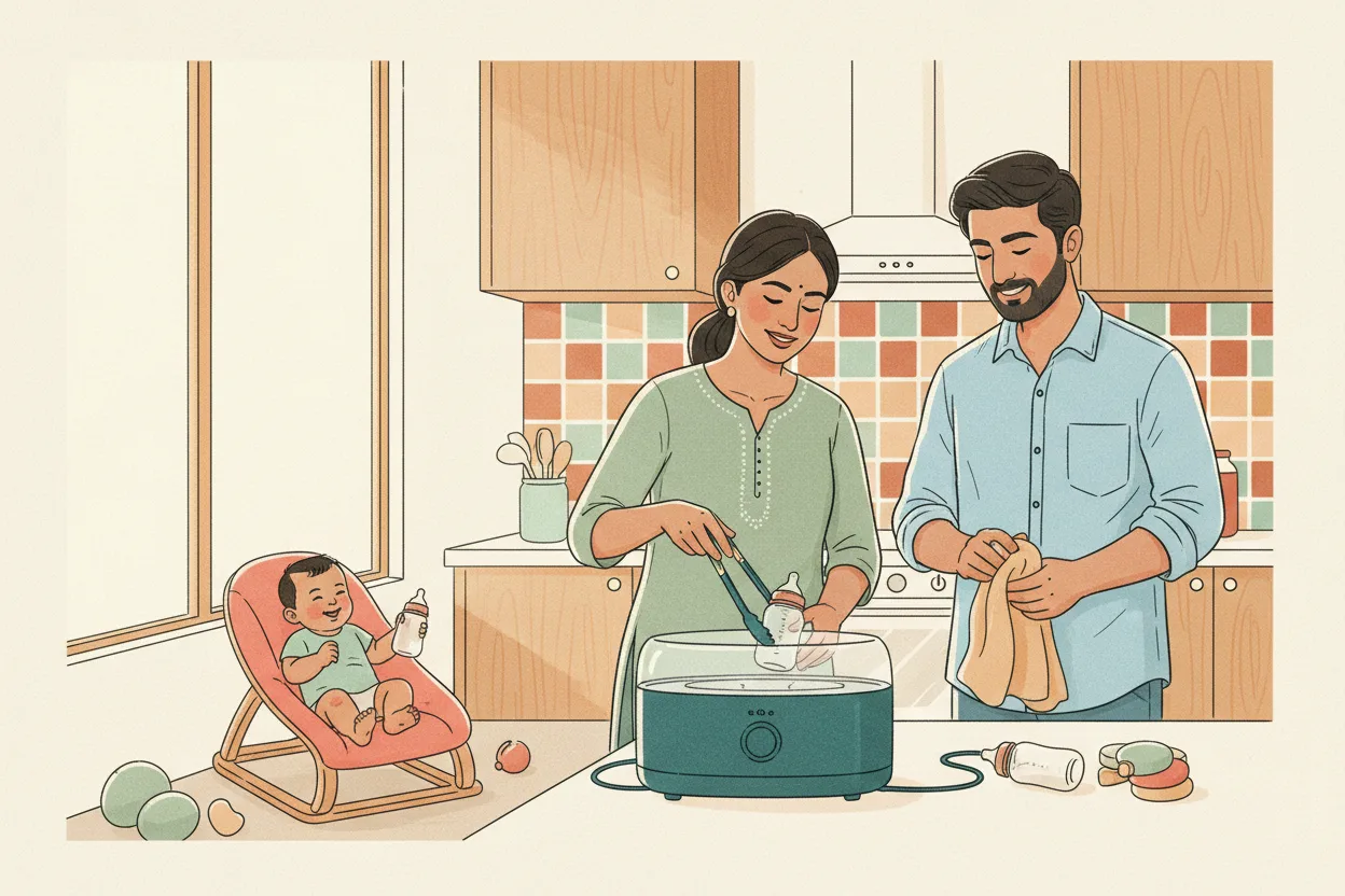 An Indian mother and father in a bright home kitchen, the mother lifting a baby bottle from an electric steam steriliser with tongs while the father dries other bottles, their happy baby in a bouncer chair nearby