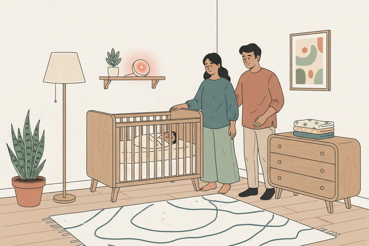 An Indian mother and father standing by their baby's crib in a calm, modern nursery at night, with a small white noise machine glowing softly on a shelf across the room